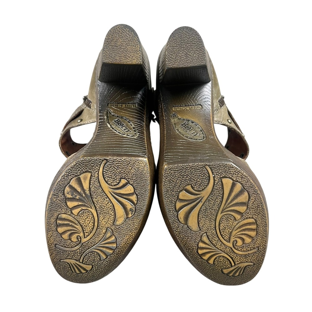 Born Womens Olive Green Leather Studded Platform Peep Toe Heels Size 9 - Picture 6 of 8